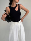 Ribbed Knit Tank Top Women Cutout Semi-Sheer Slim Fit