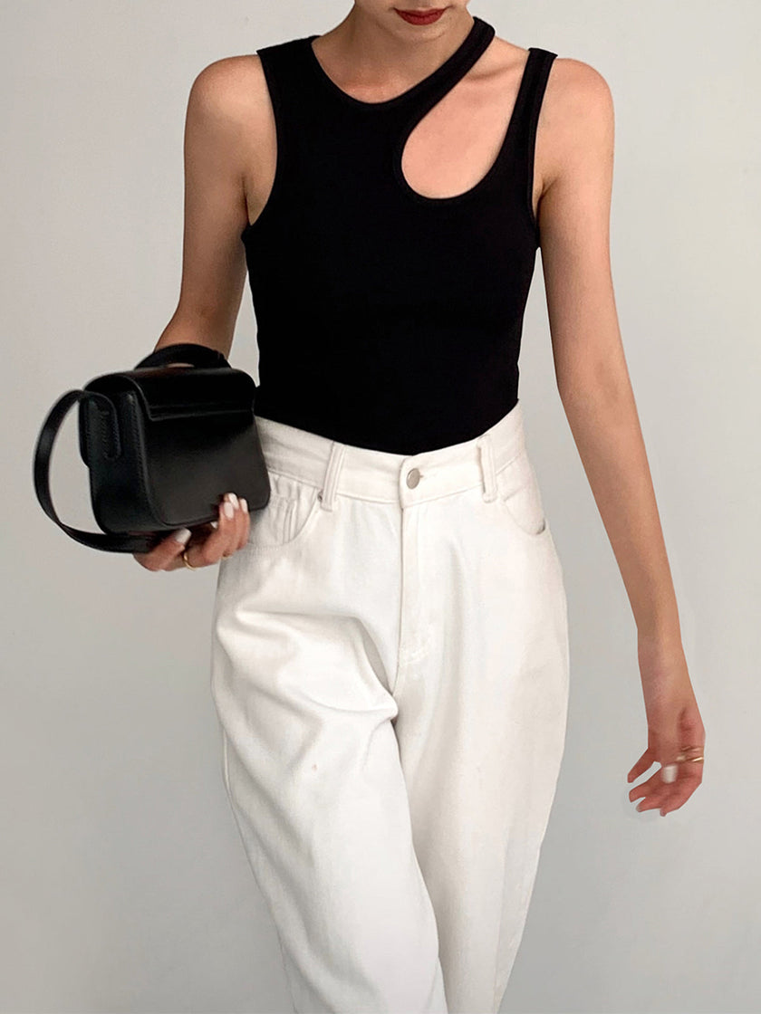 Ribbed Knit Tank Top Women Cutout Semi-Sheer Slim Fit