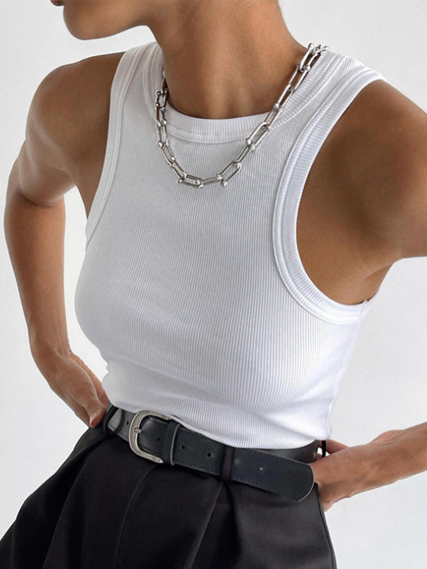 Ribbed Tank Top Women Crew Neck Cropped Slim Fit