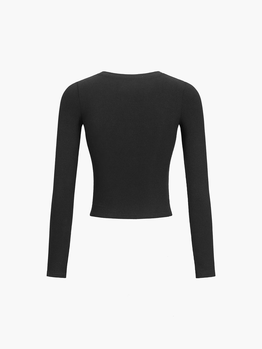 Ribbed Knit Crop Top Women Crew Neck Long Sleeve