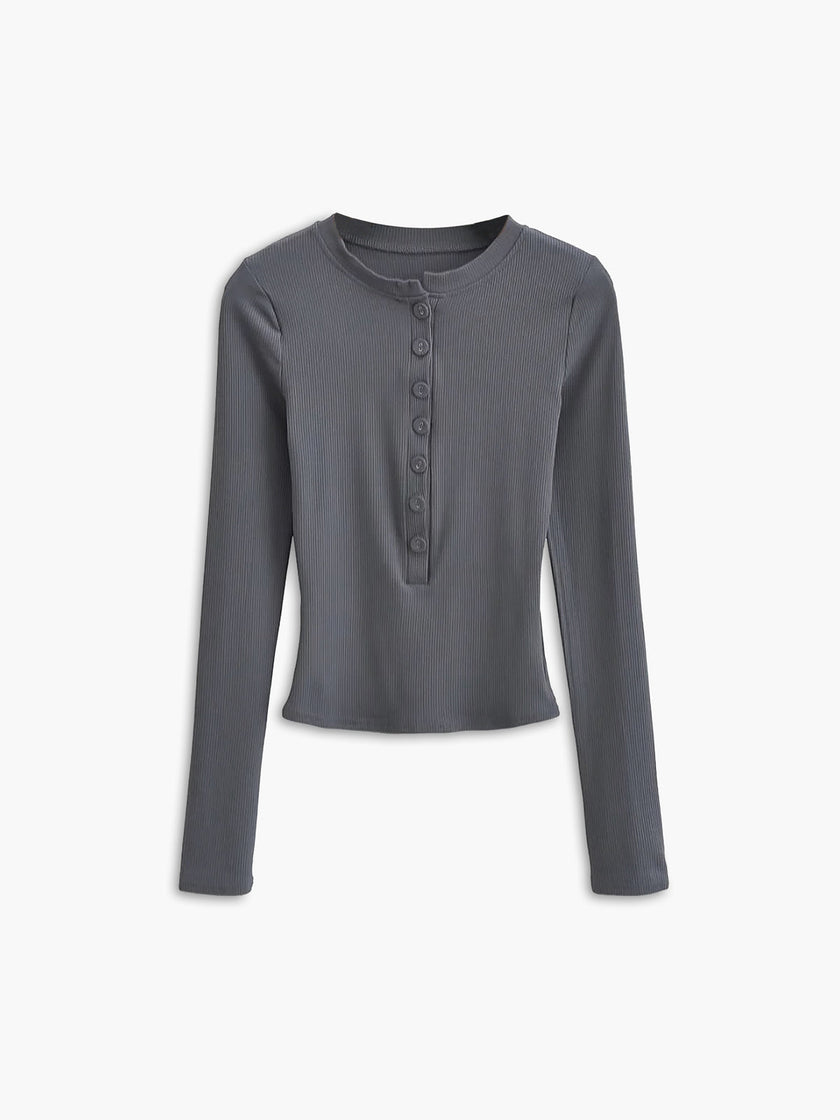 Ribbed Knit Crop Top Women Crew Neck Long Sleeve
