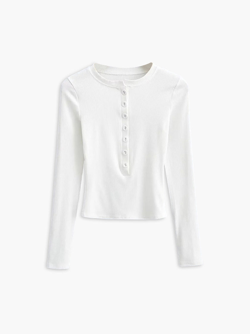 Ribbed Knit Crop Top Women Crew Neck Long Sleeve