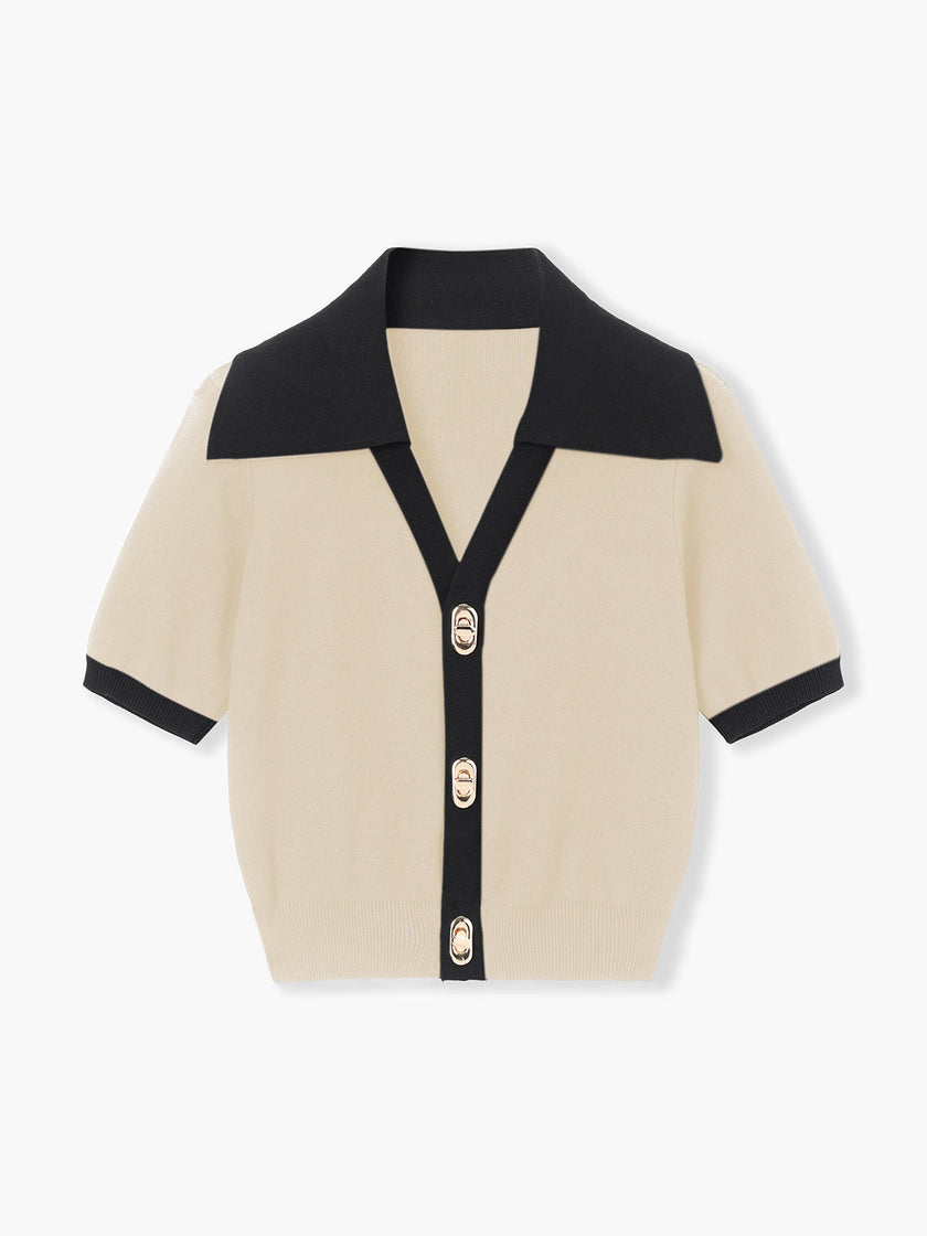 Knit Crop Top Women V-Neck Slim Fit Short Sleeve