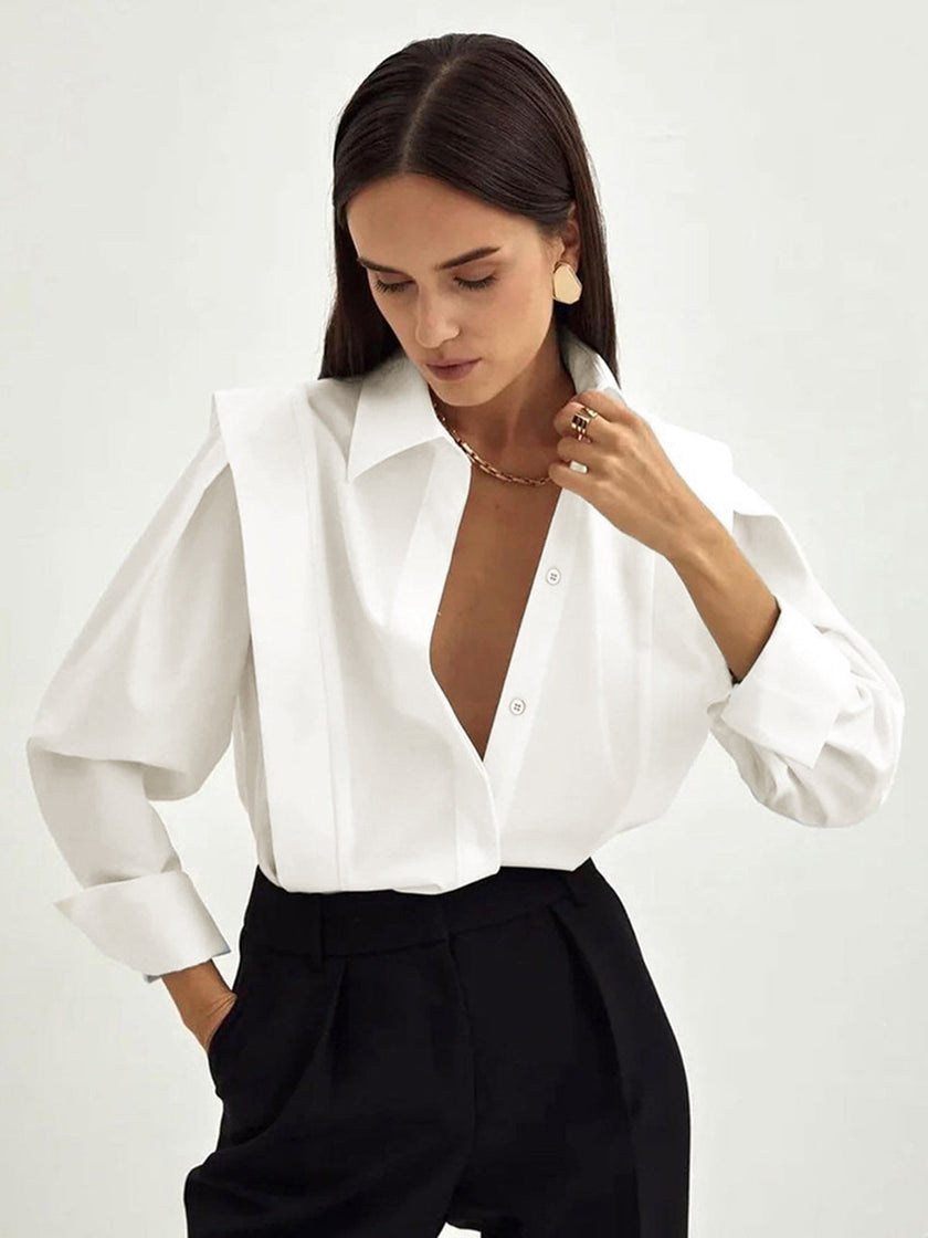 Cotton Button-Up Shirt Women Oversized Collared Long Sleeve