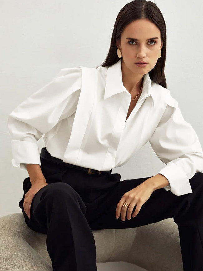 Cotton Button-Up Shirt Women Oversized Collared Long Sleeve