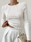 Ribbed Top Women Slim Fit Crew Neck Contrast Piping Long Sleeve