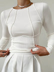 Ribbed Top Women Slim Fit Crew Neck Contrast Piping Long Sleeve