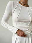 Ribbed Top Women Slim Fit Crew Neck Contrast Piping Long Sleeve