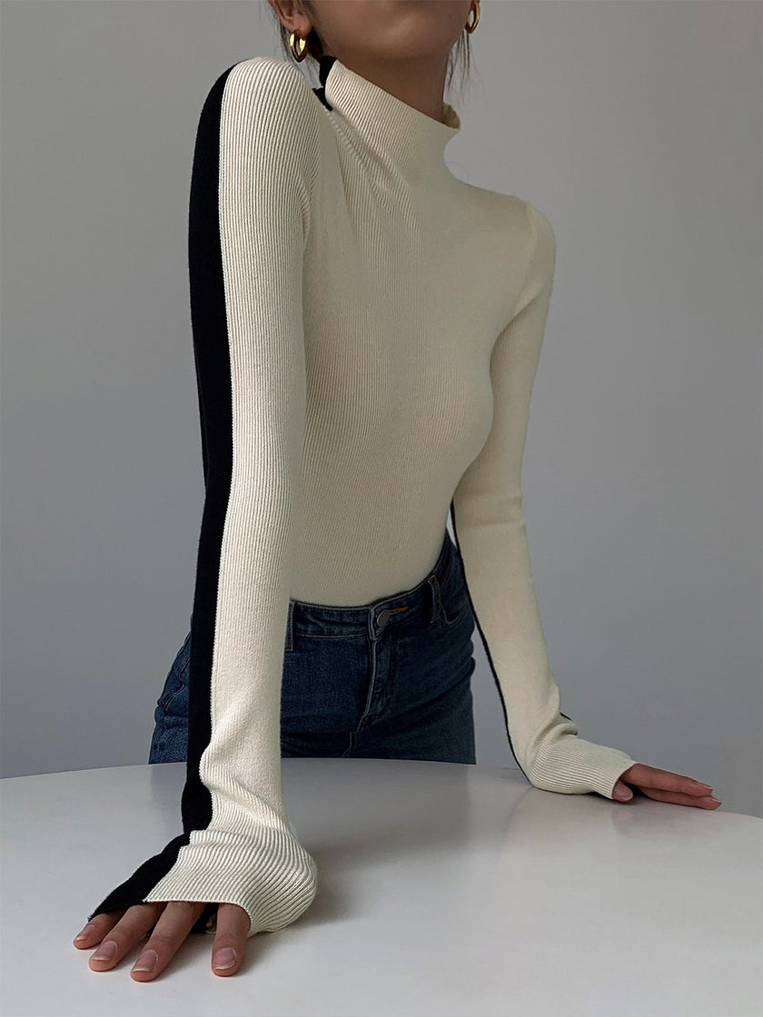 Knit Top Women Reversible Two-Tone Round Neck Long Sleeve
