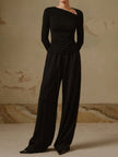 Ribbed Knit Top Women Asymmetric Neck Slim Fit Long Sleeve