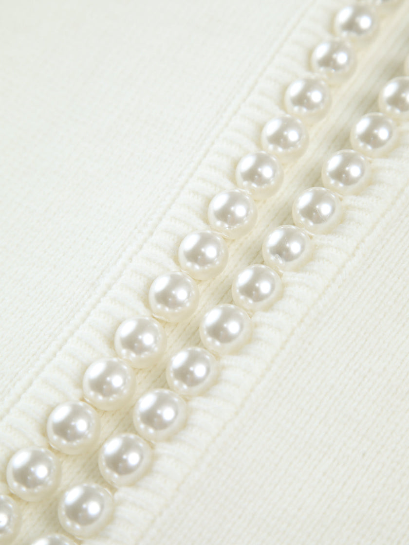 Knit Cardigan Women Pearl Trim Button Front Distressed Hem