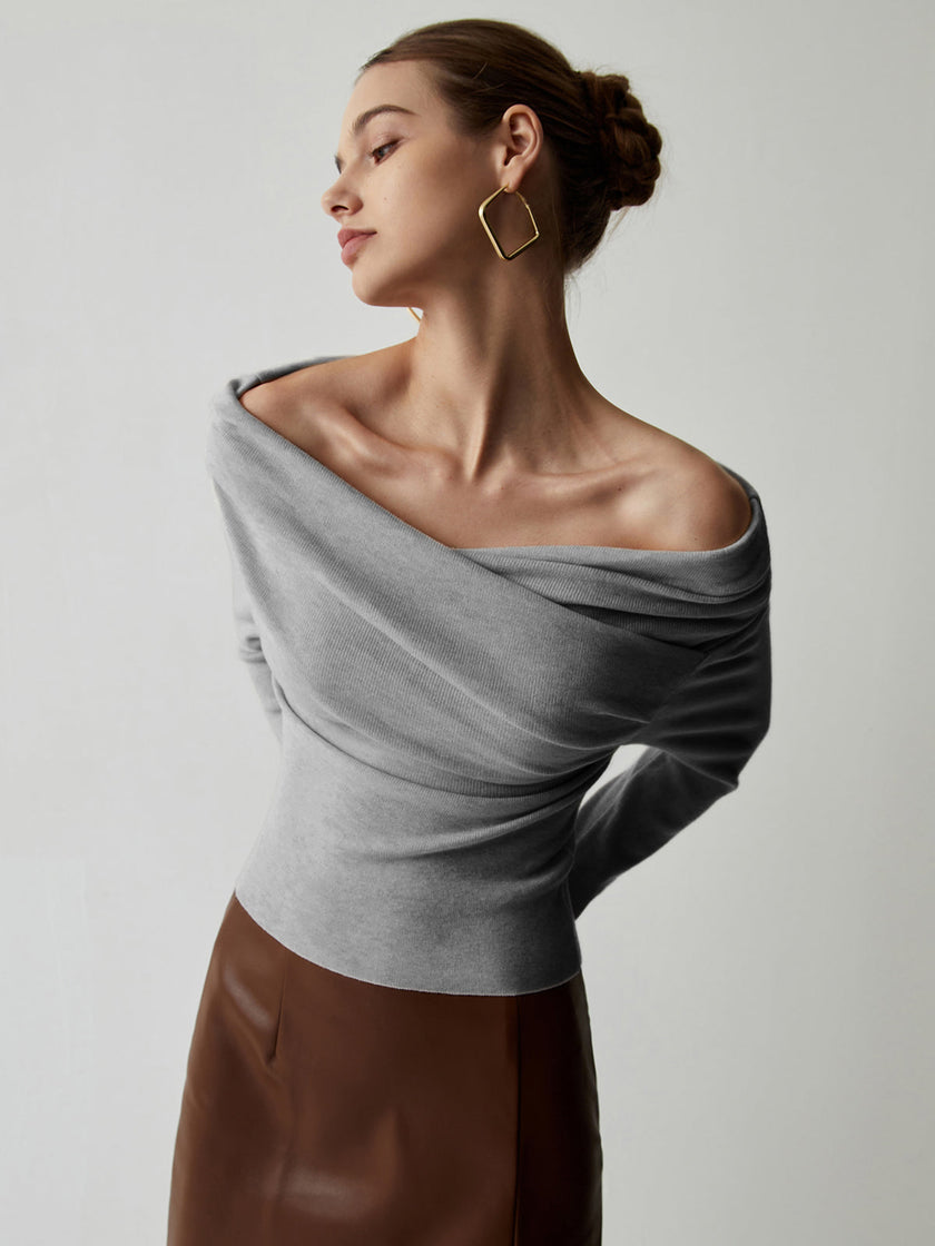 Knit Top Women Off-Shoulder Wrap Front Long Sleeve