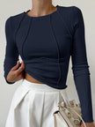 Ribbed Top Women Slim Fit Crew Neck Contrast Piping Long Sleeve