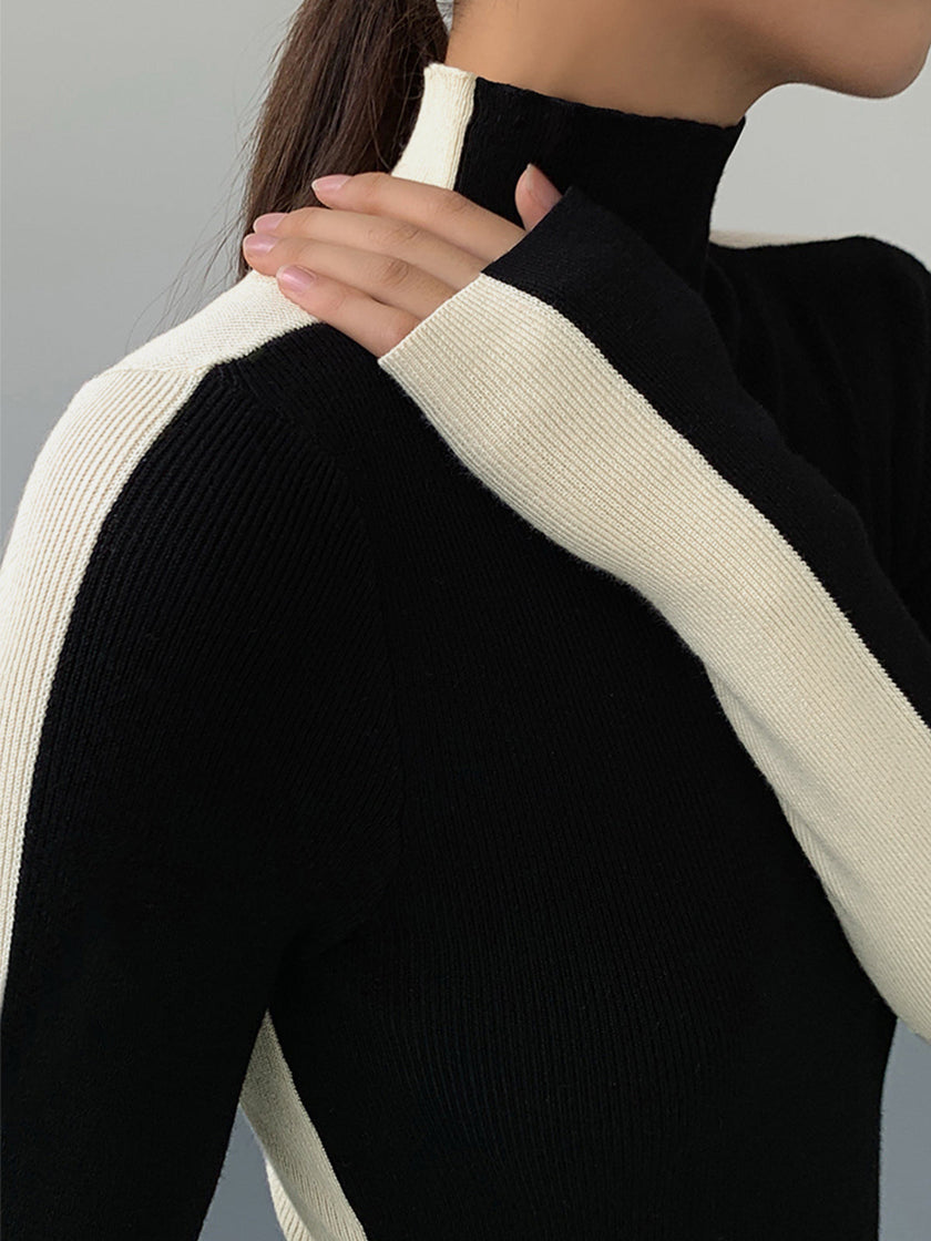 Knit Top Women Reversible Two-Tone Round Neck Long Sleeve