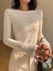 Open Knit Sweater Women Floral Crew Neck Long Sleeve