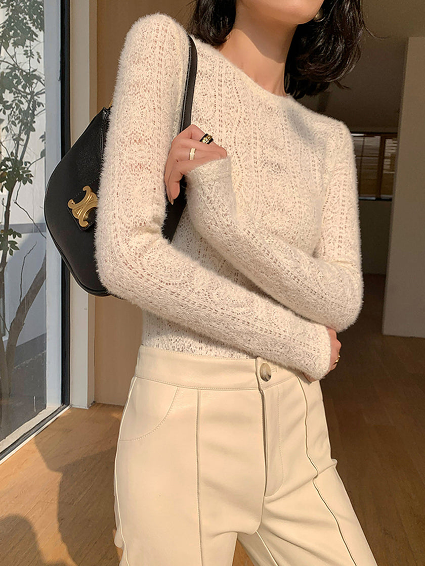Open Knit Sweater Women Floral Crew Neck Long Sleeve