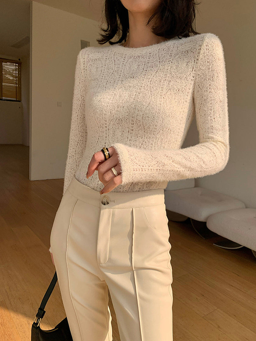 Open Knit Sweater Women Floral Crew Neck Long Sleeve