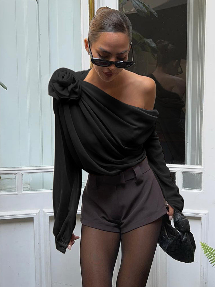 Chiffon Blouse Women One-Shoulder Asymmetric Semi-Sheer Evening