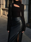 Turtleneck Top Women Slim Fit Cut-Out Asymmetric Long Sleeve