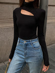 Turtleneck Top Women Slim Fit Cut-Out Asymmetric Long Sleeve