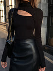 Turtleneck Top Women Slim Fit Cut-Out Asymmetric Long Sleeve