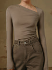 Ribbed Knit Top Women Asymmetric Neck Slim Fit Long Sleeve