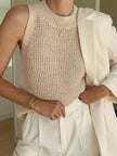 Open Knit Tank Top Women Sleeveless Round Neck Semi-Sheer