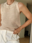 Open Knit Tank Top Women Sleeveless Round Neck Semi-Sheer
