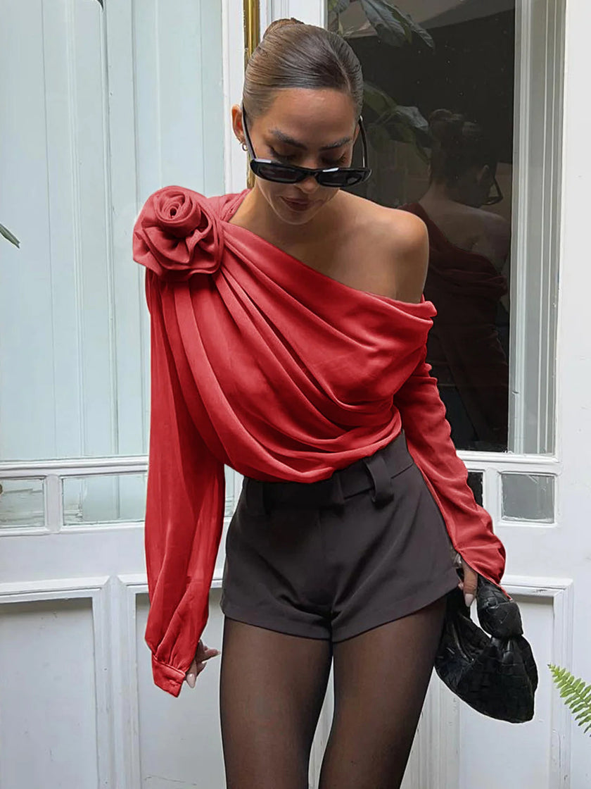 Chiffon Blouse Women One-Shoulder Asymmetric Semi-Sheer Evening