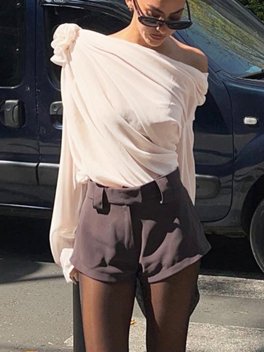 Chiffon Blouse Women One-Shoulder Asymmetric Semi-Sheer Evening
