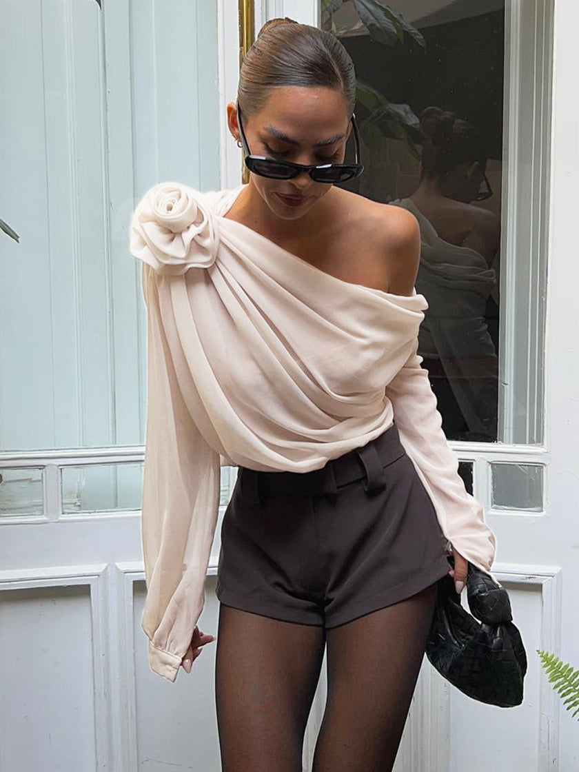 Chiffon Blouse Women One-Shoulder Asymmetric Semi-Sheer Evening