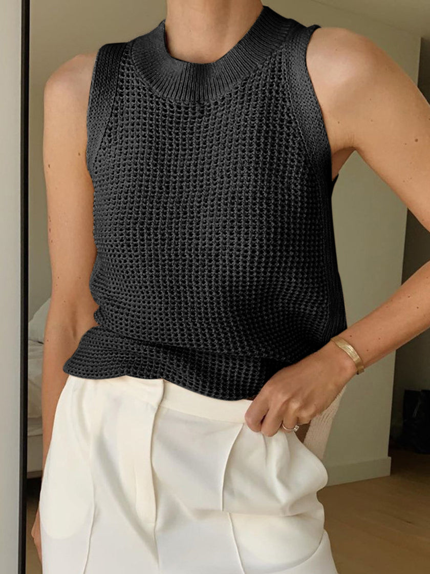 Open Knit Tank Top Women Sleeveless Round Neck Semi-Sheer