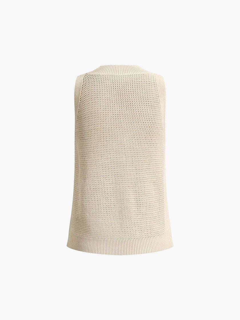 Open Knit Tank Top Women Sleeveless Round Neck Semi-Sheer