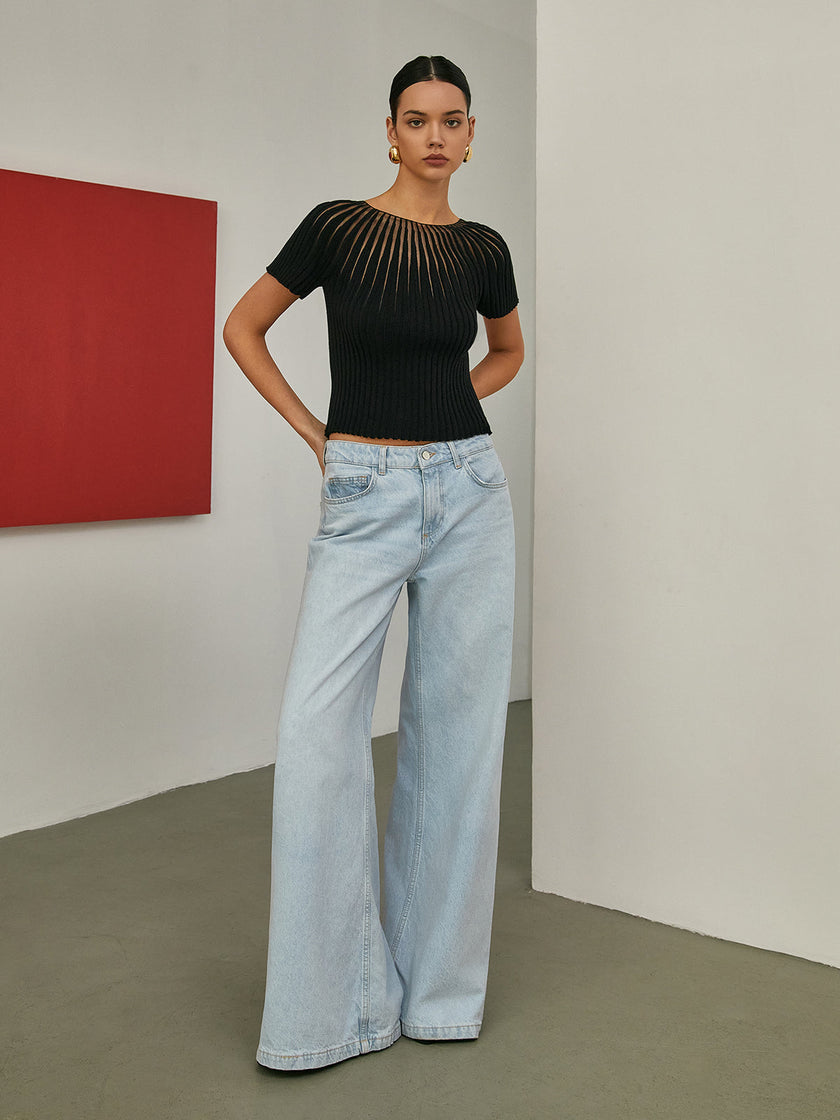 Knit Top Women Short Sleeve Semi-Sheer Crew Neck