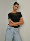 Knit Top Women Short Sleeve Semi-Sheer Crew Neck