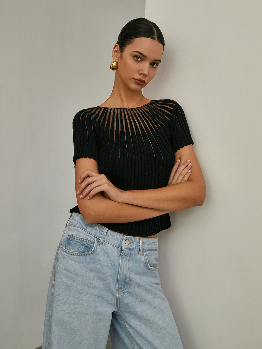 Knit Top Women Short Sleeve Semi-Sheer Crew Neck