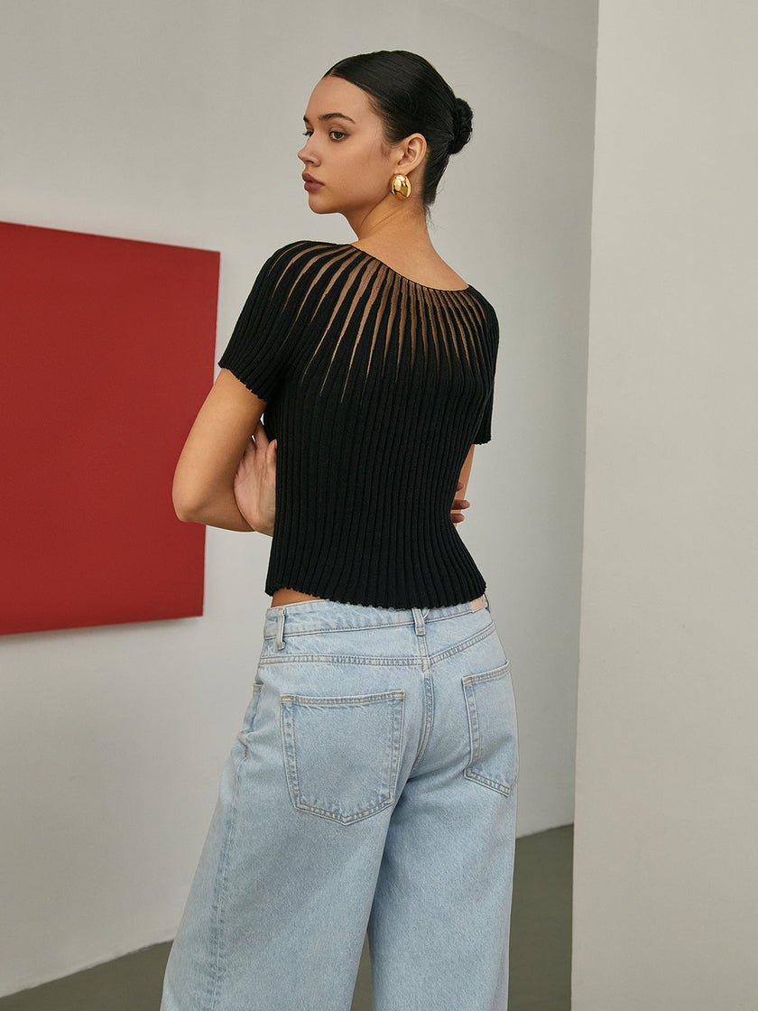 Knit Top Women Short Sleeve Semi-Sheer Crew Neck