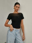Knit Top Women Short Sleeve Semi-Sheer Crew Neck