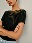 Knit Top Women Short Sleeve Semi-Sheer Crew Neck