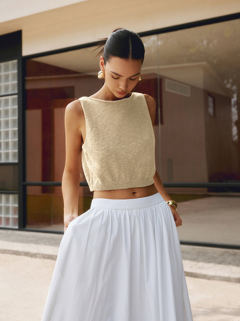 Knit Tank Top Women Crew Neck Cropped Regular Fit