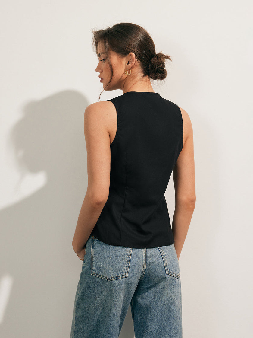 Linen Blend Tank Top Women Cropped Button Front Slim Fit