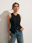 Linen Blend Tank Top Women Cropped Button Front Slim Fit