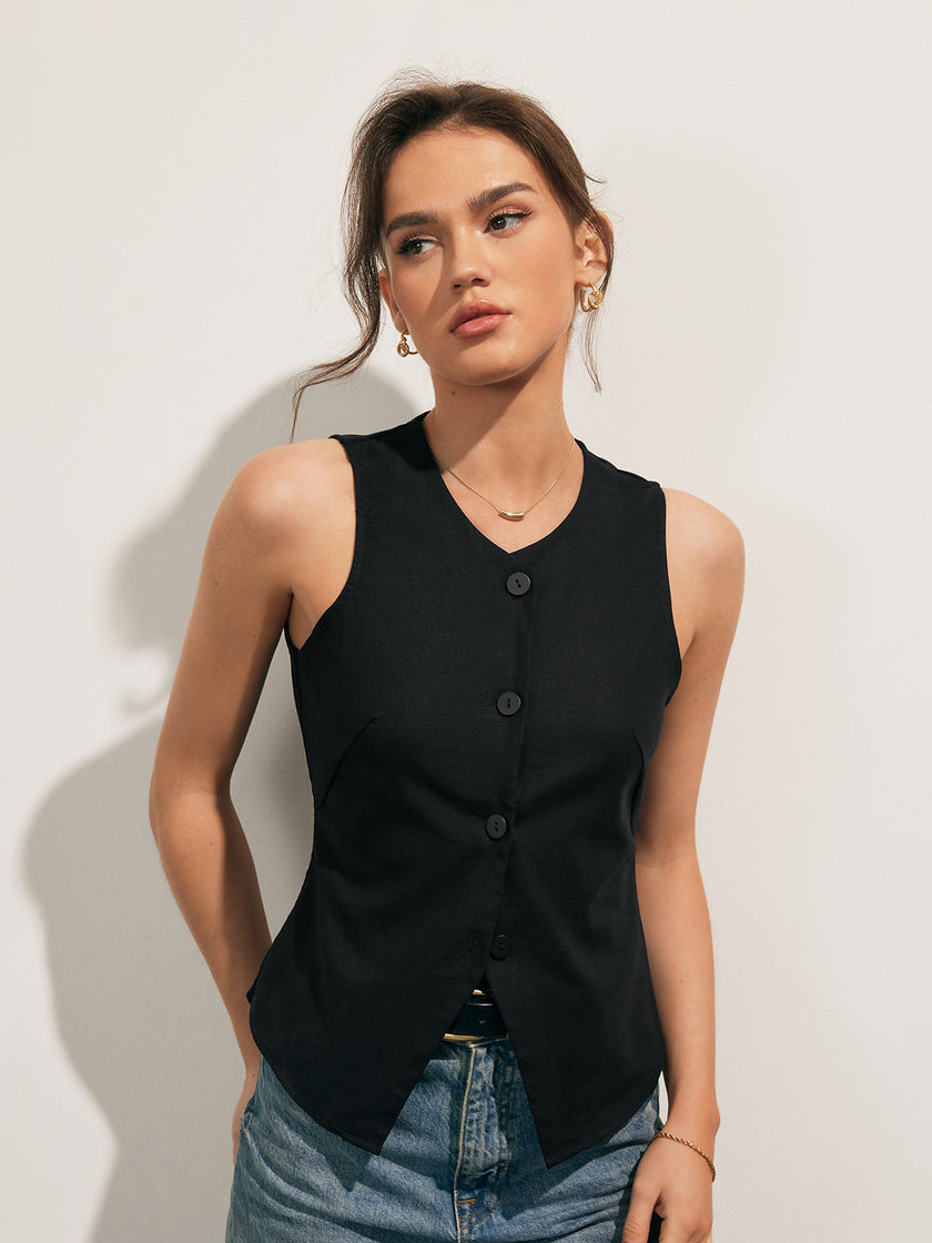Linen Blend Tank Top Women Cropped Button Front Slim Fit