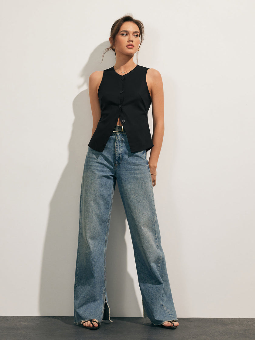 Linen Blend Tank Top Women Cropped Button Front Slim Fit