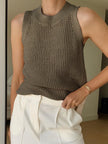 Open Knit Tank Top Women Sleeveless Round Neck Semi-Sheer