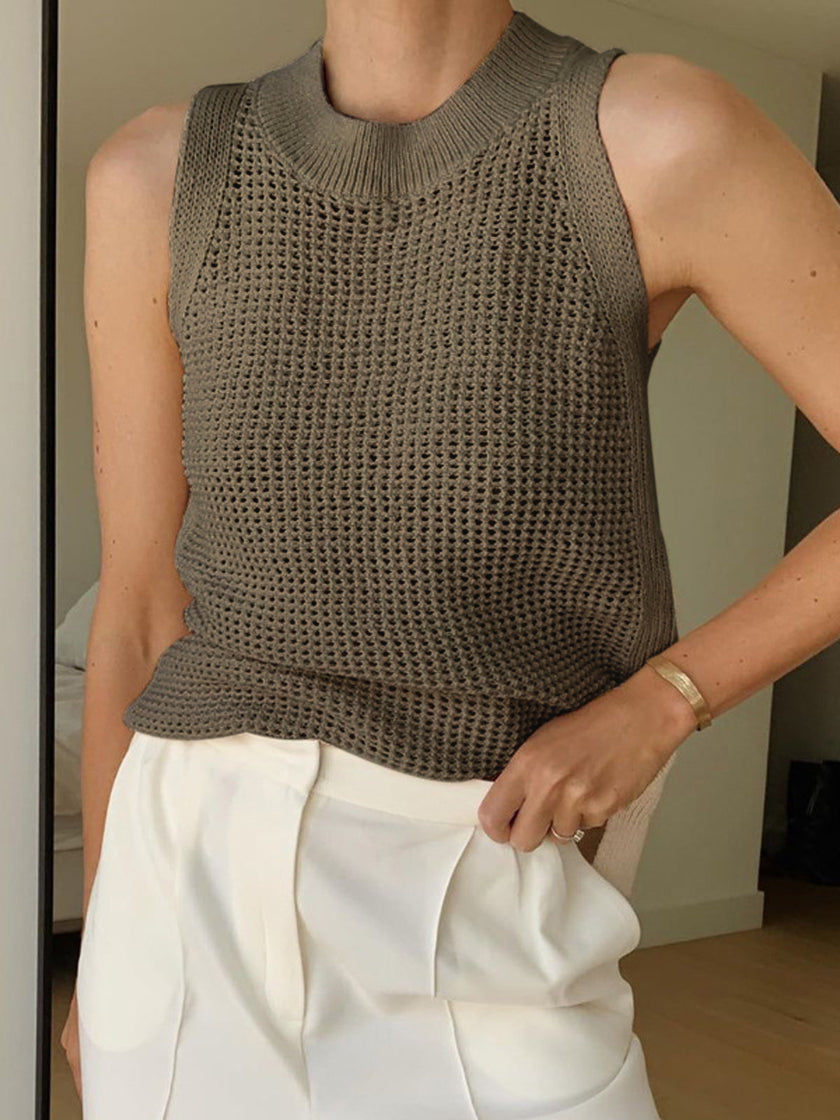 Open Knit Tank Top Women Sleeveless Round Neck Semi-Sheer
