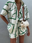 Linen Blend Shorts Set Women Printed Oversized Off-White