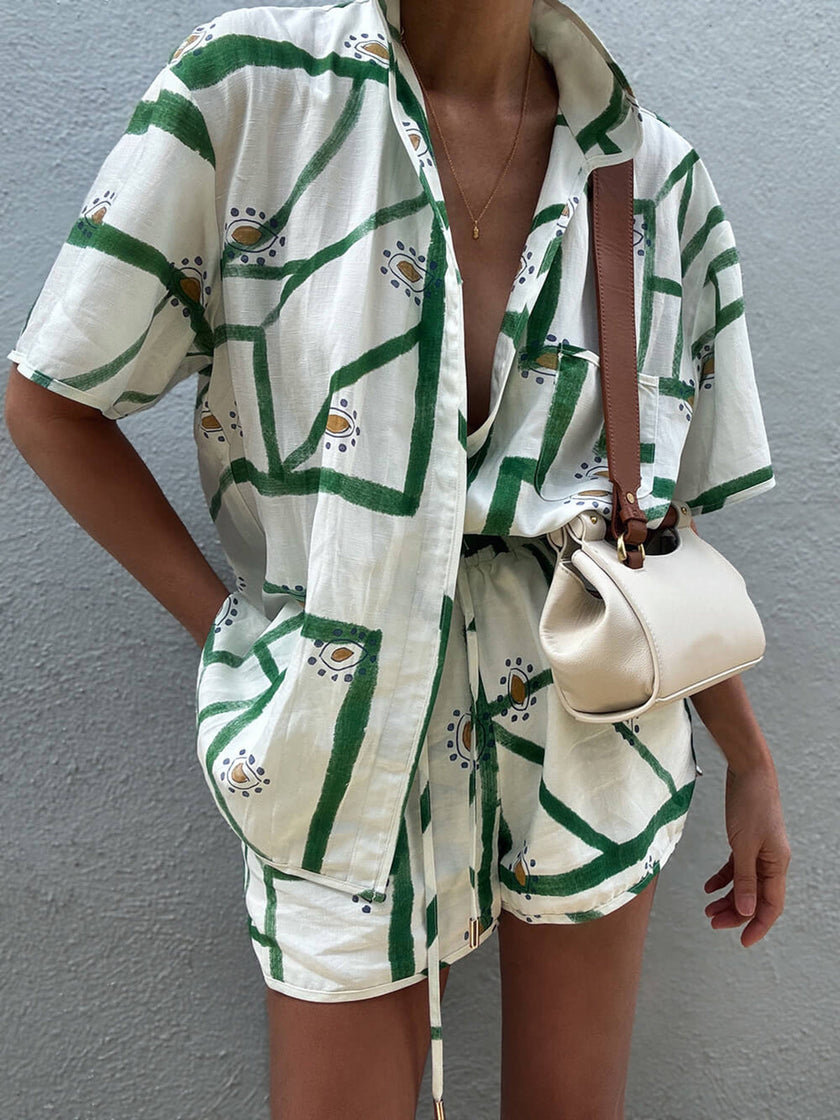 Linen Blend Shorts Set Women Printed Oversized Off-White