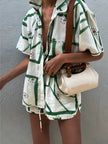 Linen Blend Shorts Set Women Printed Oversized Off-White