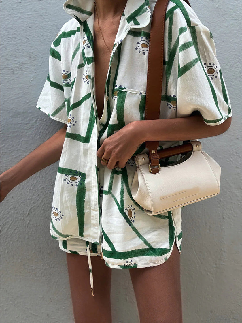 Linen Blend Shorts Set Women Printed Oversized Off-White